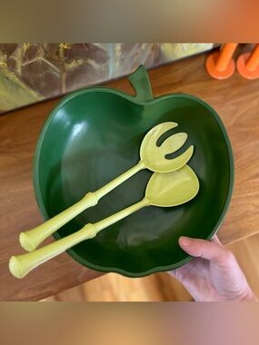 1950s Hazel Atlas Green Apple Salad Bowl w/ Original Servers - MCM